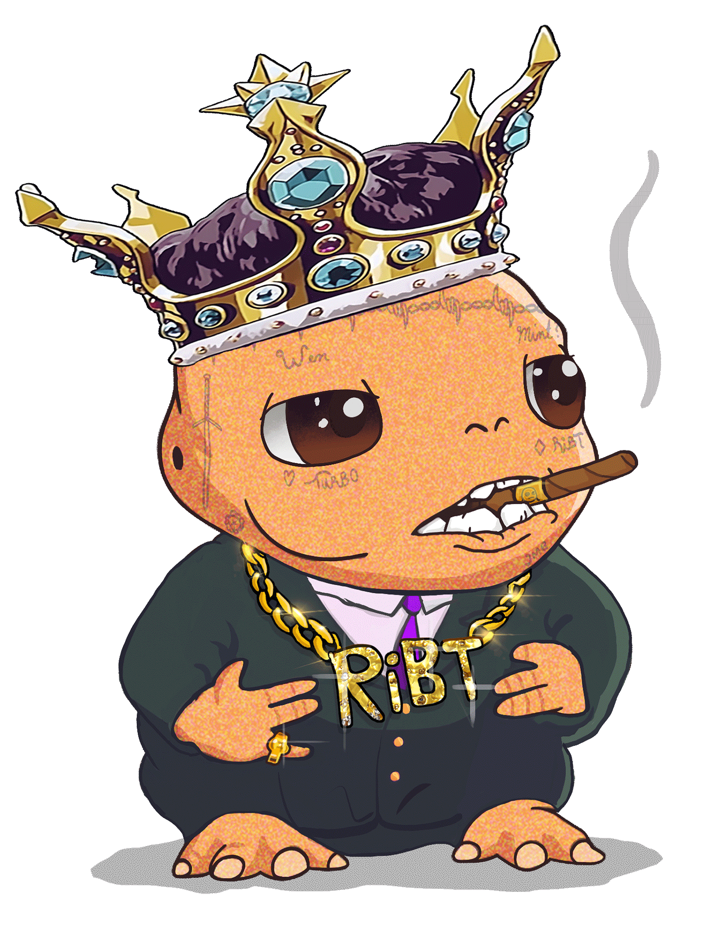 A gangsta RiBT smoking a cigar and wearing a suit and crown